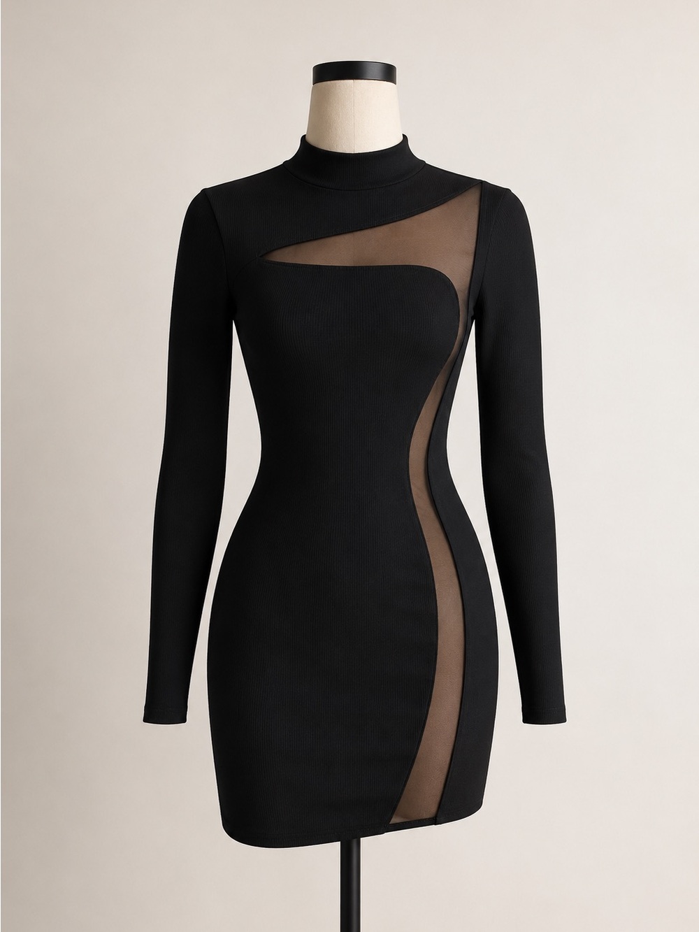 Guess by Marciano Black Long-Sleeve Mesh-Insert Bodycon Dress